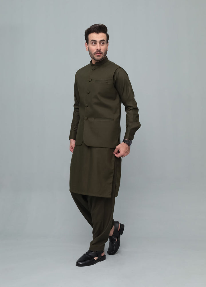 Mazham Mens 3 Piece Army Green With Blended Waistcoat Round Cut and Matching Fabric Buttons - Festive Collection