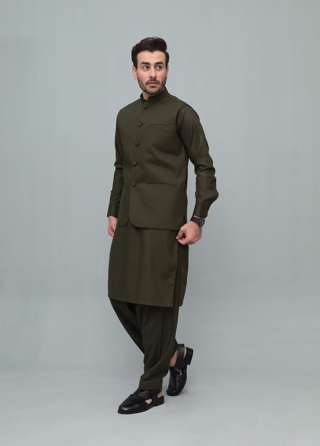 Mazham Mens 3 Piece Army Green With Blended Waistcoat Round Cut and Matching Fabric Buttons - Festive Collection