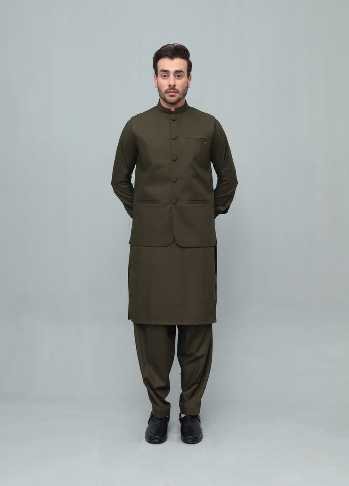 Mazham Mens 3 Piece Army Green With Blended Waistcoat Round Cut and Matching Fabric Buttons - Festive Collection