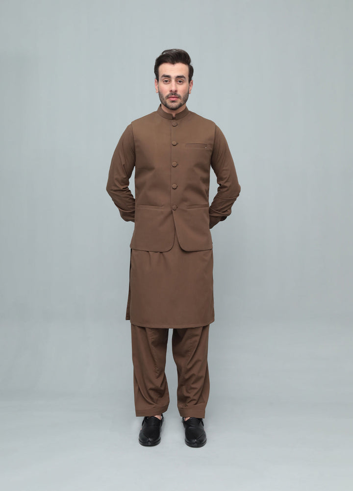Mazham Mens 3 Piece Coffee Brown With Blended Waistcoat Round Cut and Matching Fabric Buttons - Festive Collection