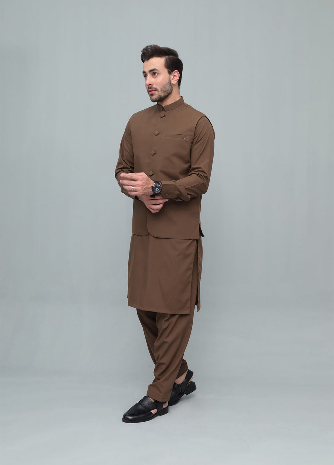 Mazham Mens 3 Piece Coffee Brown With Blended Waistcoat Round Cut and Matching Fabric Buttons - Festive Collection