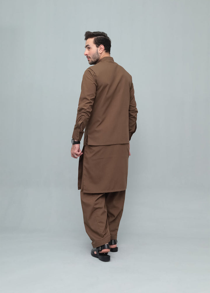 Mazham Mens 3 Piece Coffee Brown With Blended Waistcoat Round Cut and Matching Fabric Buttons - Festive Collection