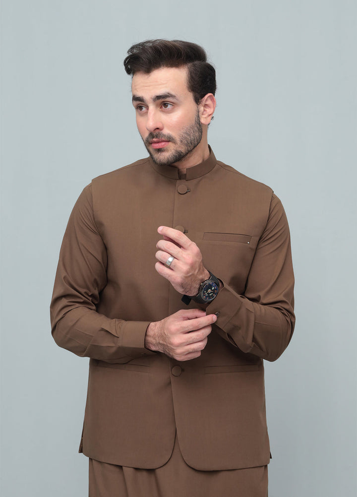Mazham Mens 3 Piece Coffee Brown With Blended Waistcoat Round Cut and Matching Fabric Buttons - Festive Collection