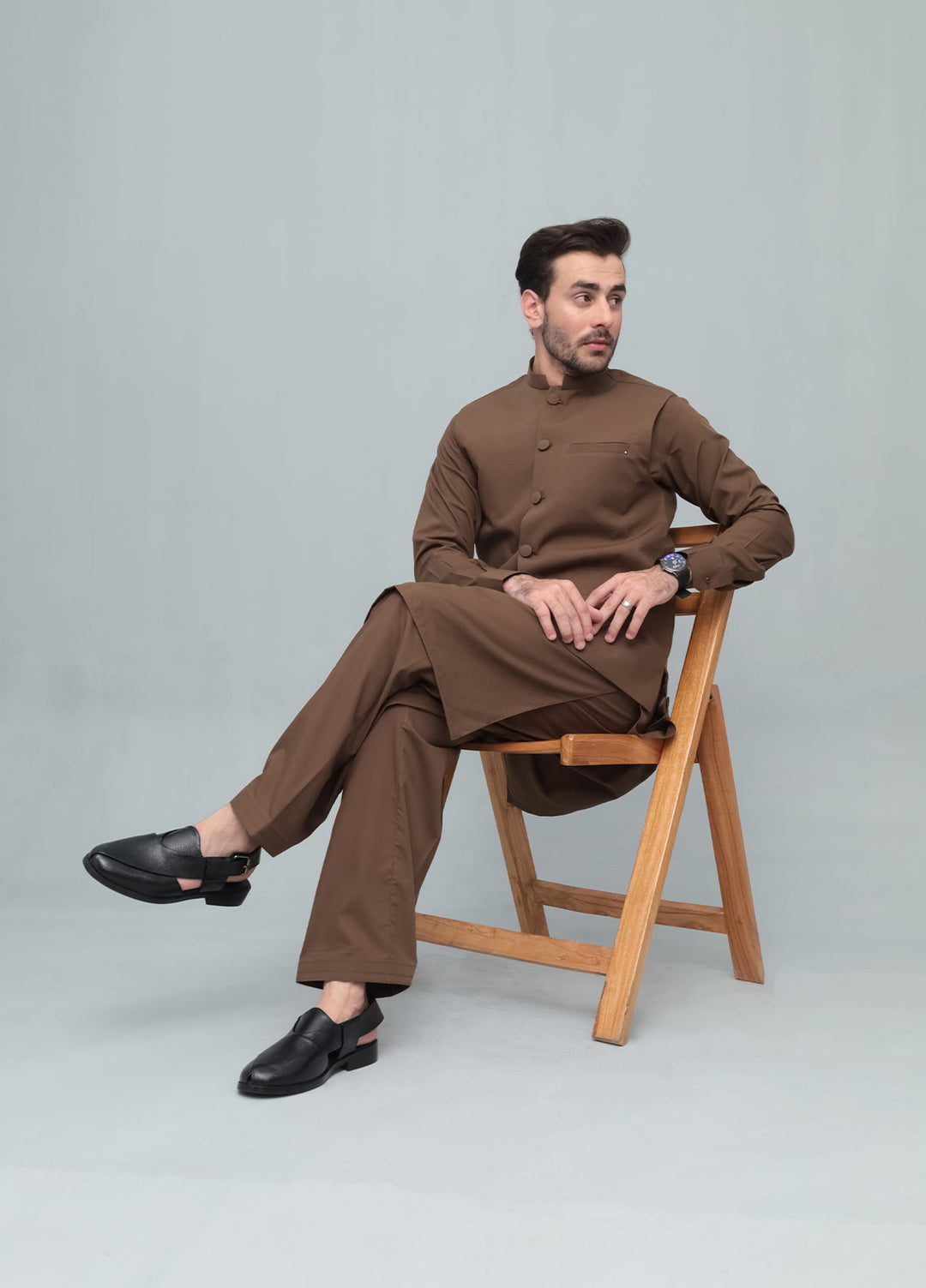 Mazham Mens 3 Piece Coffee Brown With Blended Waistcoat Round Cut and Matching Fabric Buttons - Festive Collection