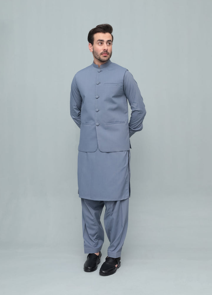 Mazham Mens 3 Piece Bluish Gray With Blended Waistcoat Round Cut and Matching Fabric Buttons - Festive Collection