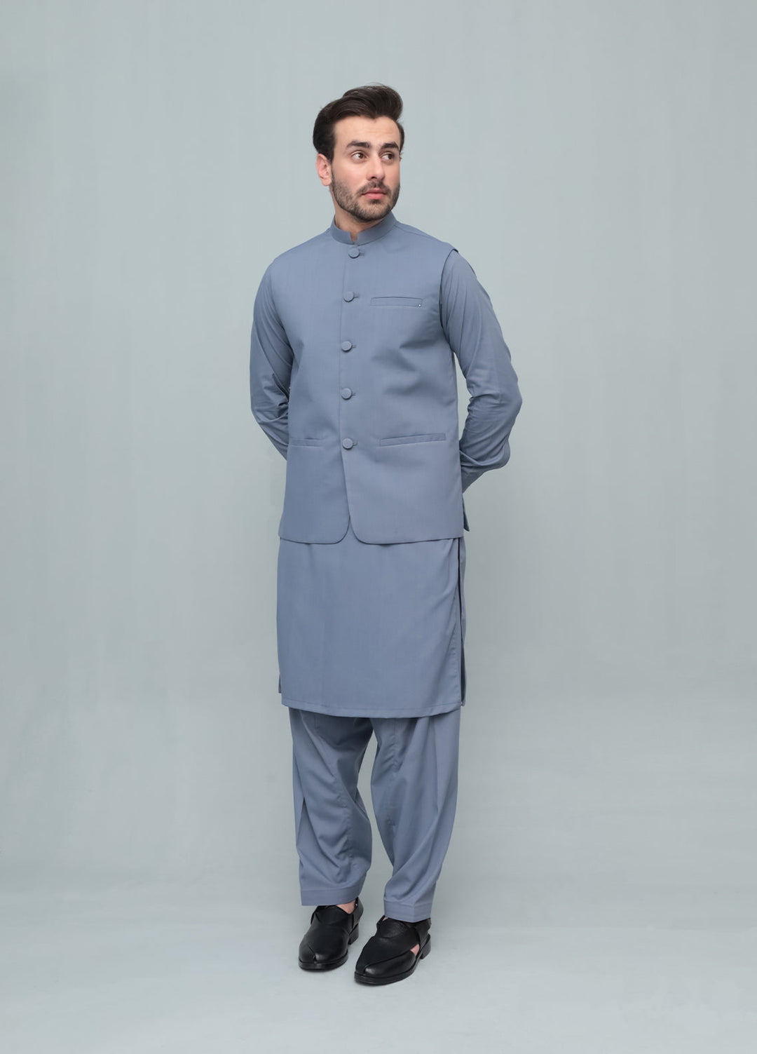 Mazham Mens 3 Piece Bluish Gray With Blended Waistcoat Round Cut and Matching Fabric Buttons - Festive Collection