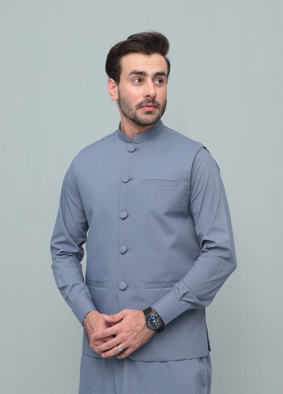 Mazham Mens 3 Piece Bluish Gray With Blended Waistcoat Round Cut and Matching Fabric Buttons - Festive Collection
