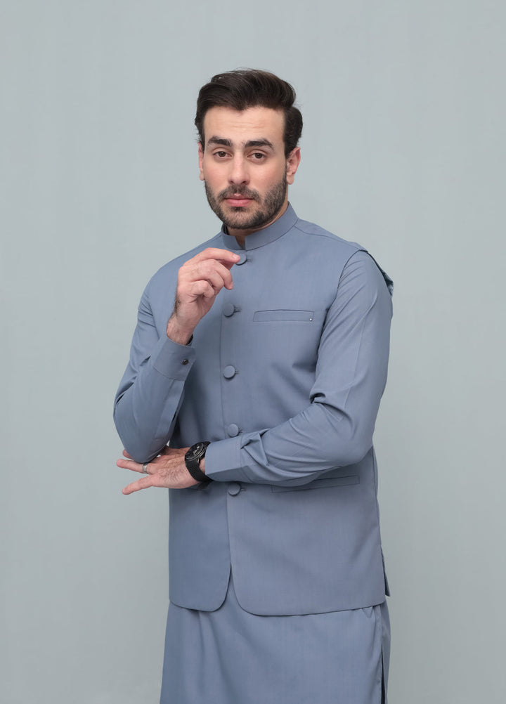 Mazham Mens 3 Piece Bluish Gray With Blended Waistcoat Round Cut and Matching Fabric Buttons - Festive Collection