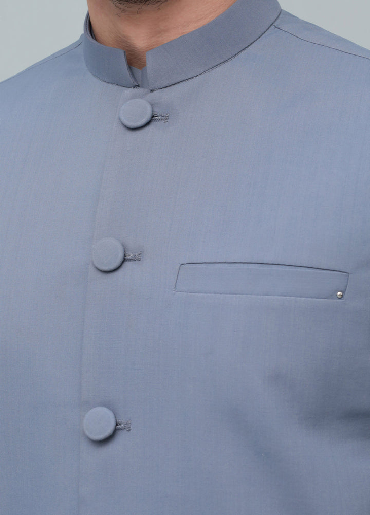 Mazham Mens 3 Piece Bluish Gray With Blended Waistcoat Round Cut and Matching Fabric Buttons - Festive Collection