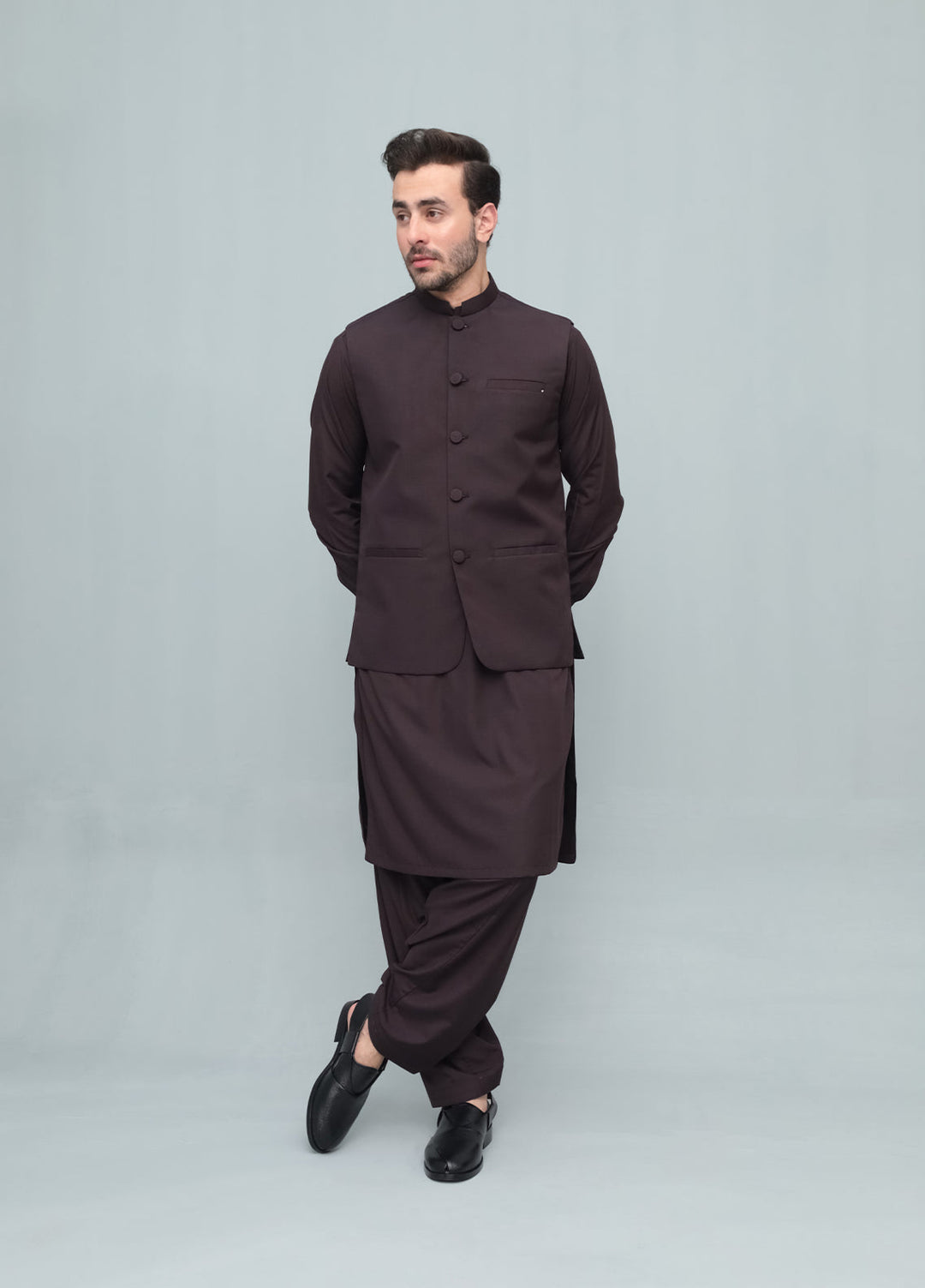 Mazham Mens 3 Piece Chocolate Brown With Blended Waistcoat Round Cut and Matching Fabric Buttons - Festive Collection