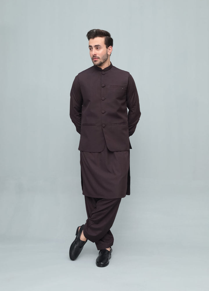 Mazham Mens 3 Piece Chocolate Brown With Blended Waistcoat Round Cut and Matching Fabric Buttons - Festive Collection