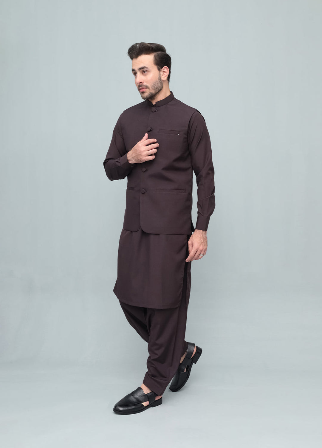 Mazham Mens 3 Piece Chocolate Brown With Blended Waistcoat Round Cut and Matching Fabric Buttons - Festive Collection