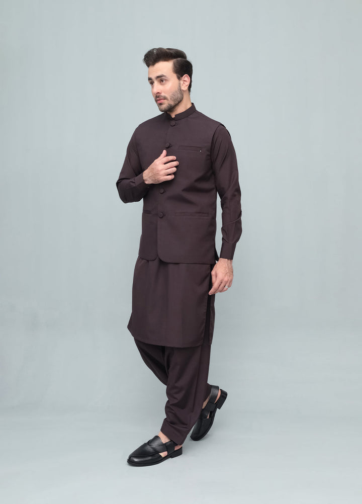 Mazham Mens 3 Piece Chocolate Brown With Blended Waistcoat Round Cut and Matching Fabric Buttons - Festive Collection