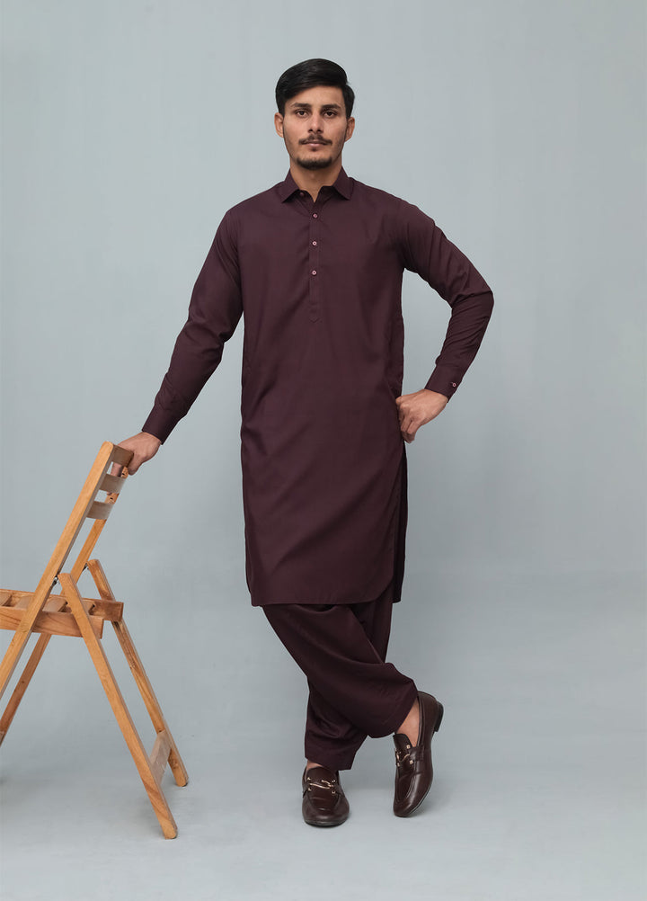 Mazham Mens Pret Solids 2 Piece Solids Dark Marron French Collar Shalwar Kameez - Festive Collection