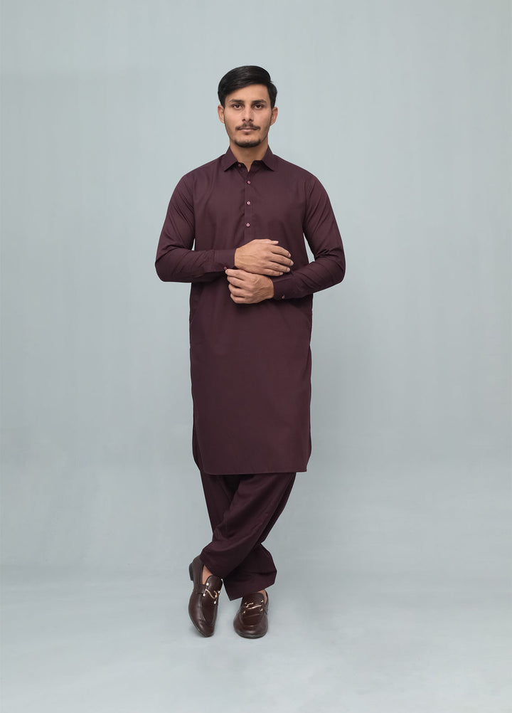 Mazham Mens Pret Solids 2 Piece Solids Dark Marron French Collar Shalwar Kameez - Festive Collection