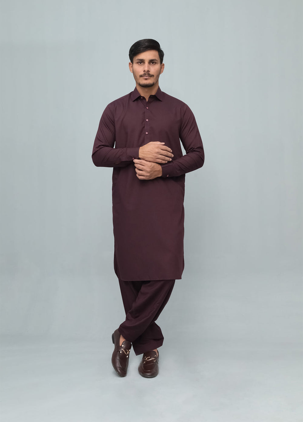 Mazham Mens Pret Solids 2 Piece Solids Dark Marron French Collar Shalwar Kameez - Festive Collection