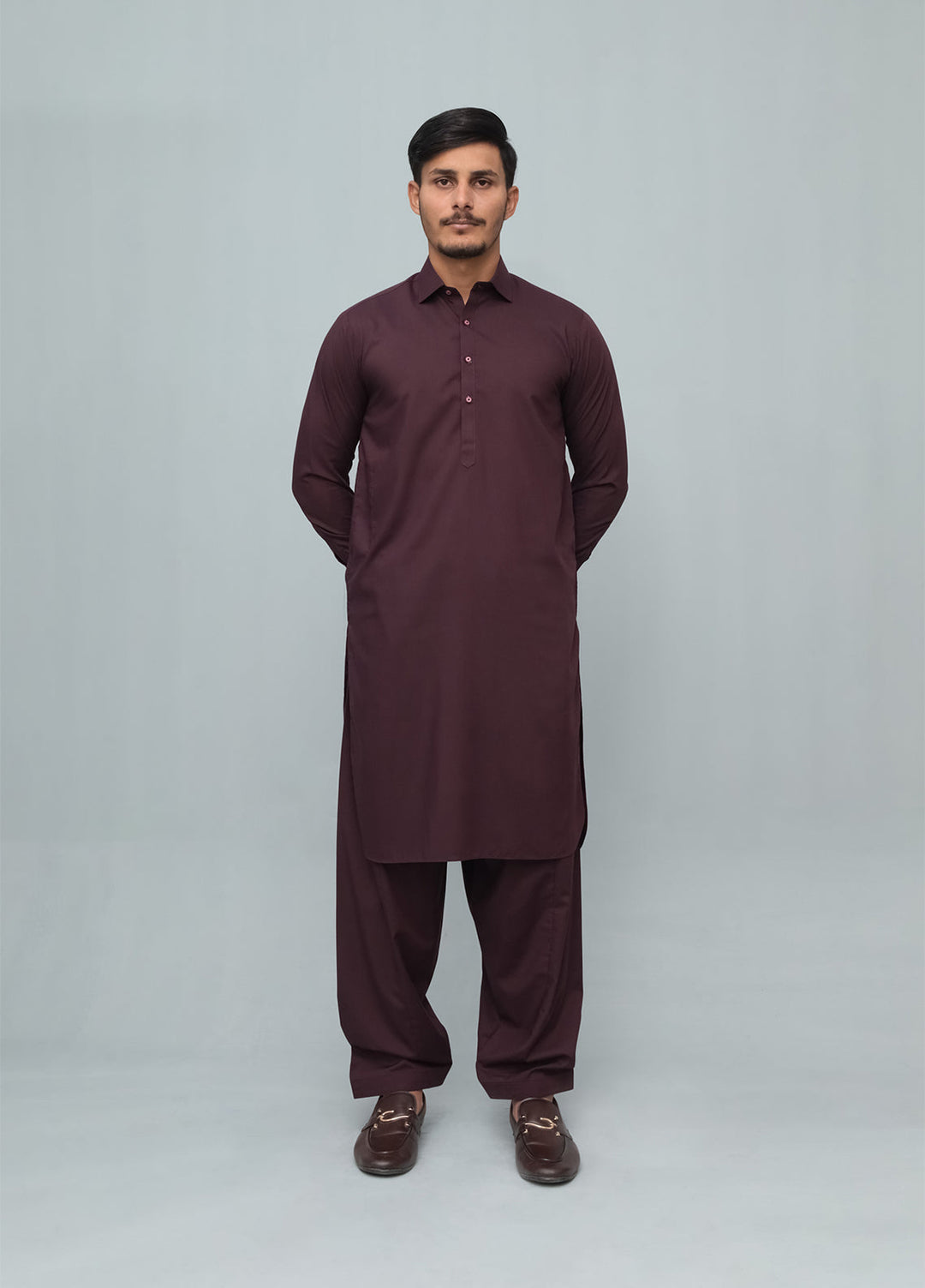 Mazham Mens Pret Solids 2 Piece Solids Dark Marron French Collar Shalwar Kameez - Festive Collection