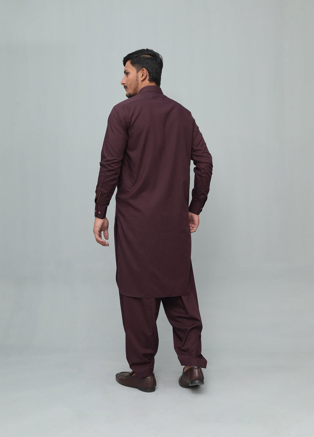 Mazham Mens Pret Solids 2 Piece Solids Dark Marron French Collar Shalwar Kameez - Festive Collection