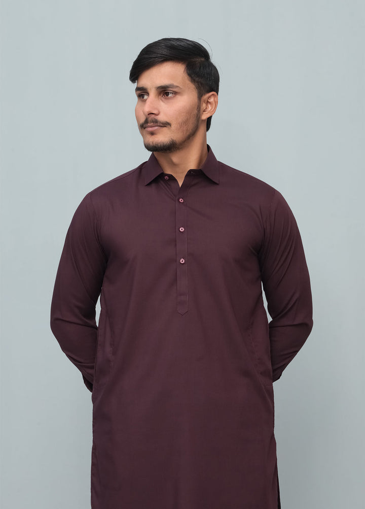Mazham Mens Pret Solids 2 Piece Solids Dark Marron French Collar Shalwar Kameez - Festive Collection