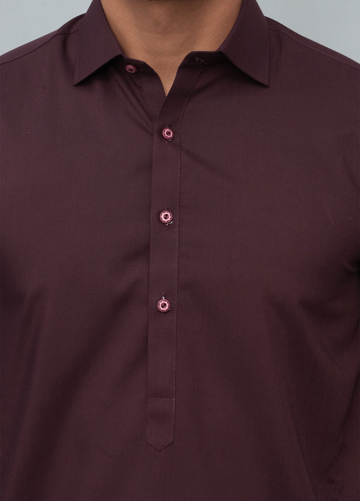 Mazham Mens Pret Solids 2 Piece Solids Dark Marron French Collar Shalwar Kameez - Festive Collection