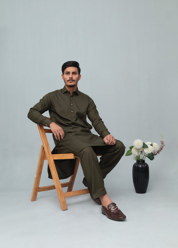 Mazham Mens Pret Solids 2 Piece Solids Army Green French Collar Shalwar Kameez - Festive Collection