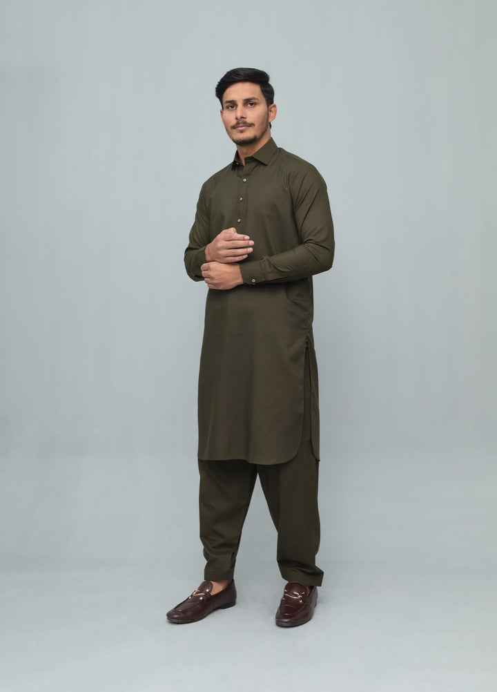 Mazham Mens Pret Solids 2 Piece Solids Army Green French Collar Shalwar Kameez - Festive Collection
