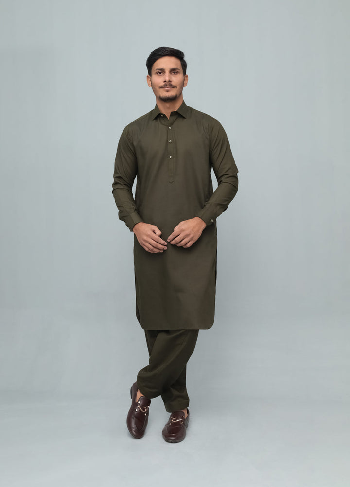 Mazham Mens Pret Solids 2 Piece Solids Army Green French Collar Shalwar Kameez - Festive Collection