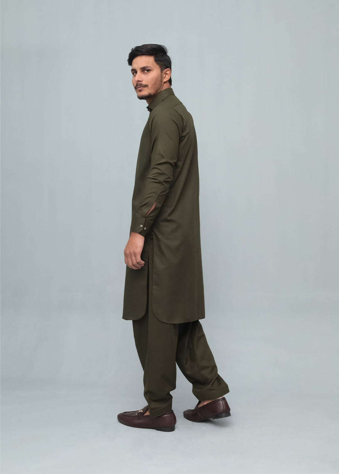Mazham Mens Pret Solids 2 Piece Solids Army Green French Collar Shalwar Kameez - Festive Collection