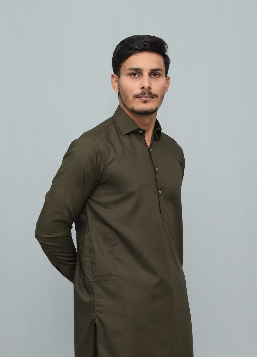 Mazham Mens Pret Solids 2 Piece Solids Army Green French Collar Shalwar Kameez - Festive Collection