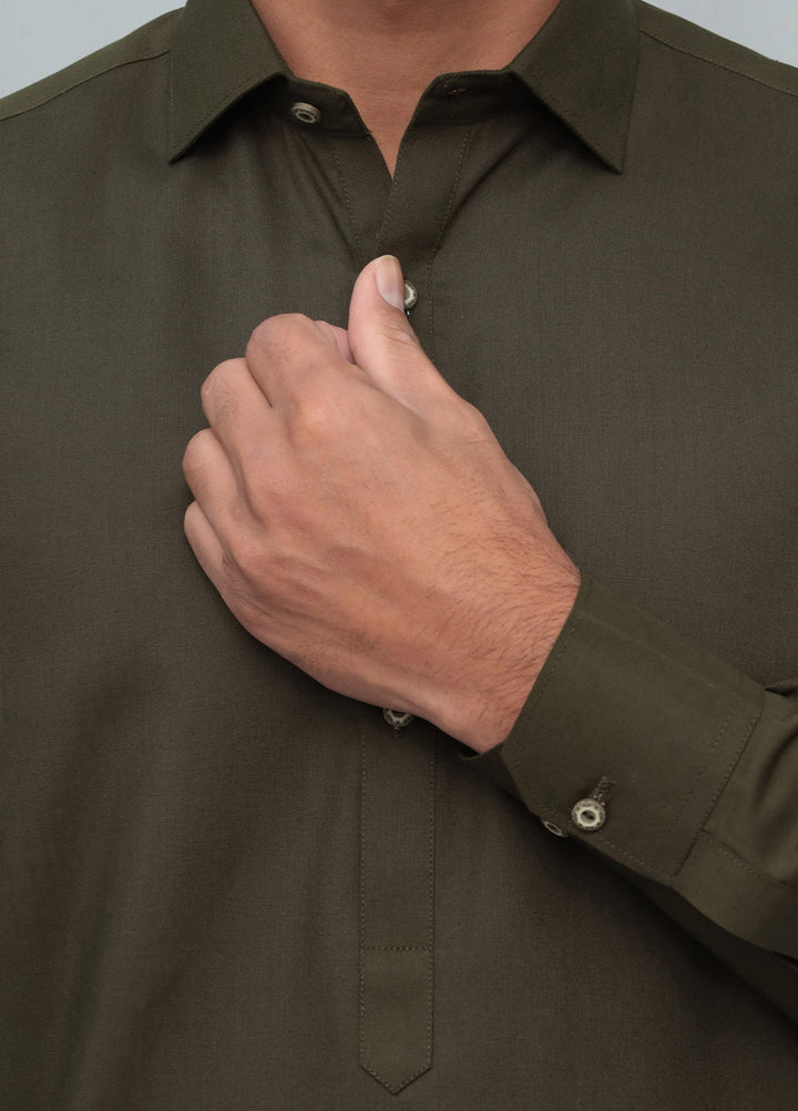 Mazham Mens Pret Solids 2 Piece Solids Army Green French Collar Shalwar Kameez - Festive Collection