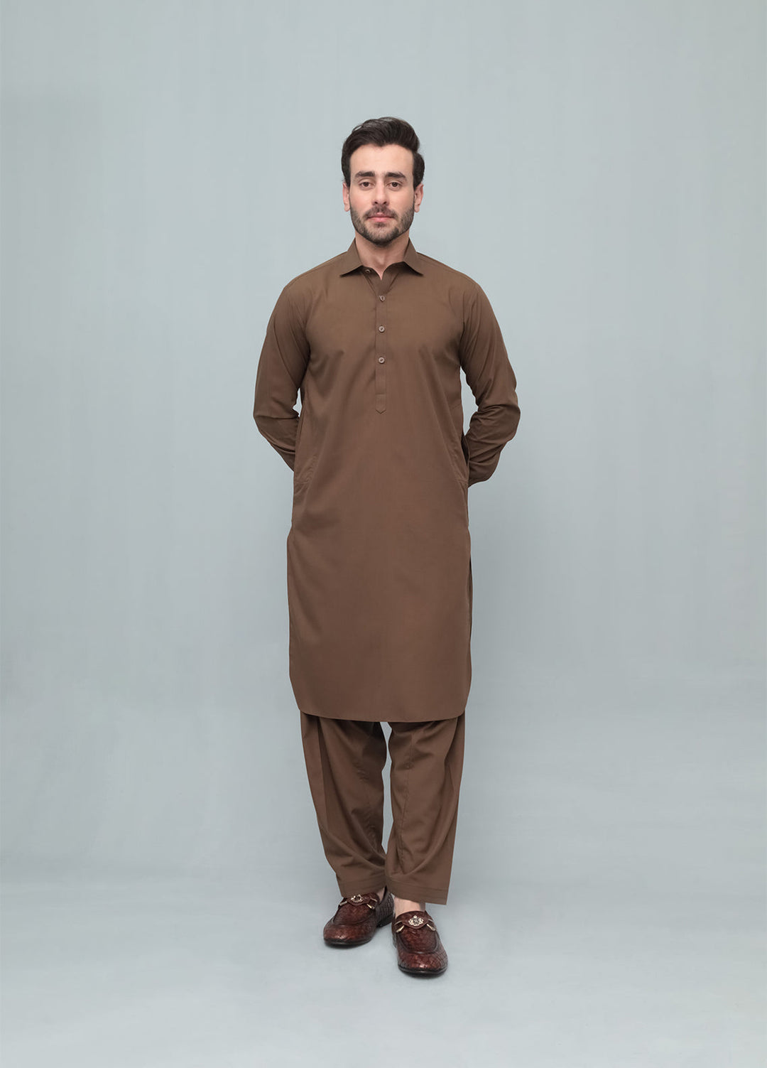 Mazham Mens Pret Solids 2 Piece Solids Coffee Brown French Collar Shalwar Kameez - Festive Collection