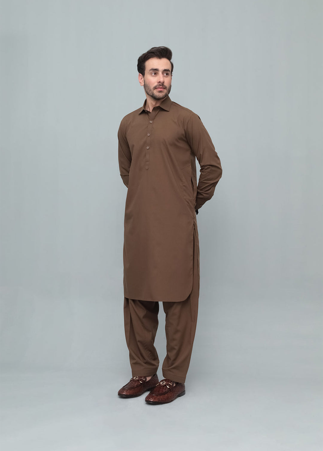 Mazham Mens Pret Solids 2 Piece Solids Coffee Brown French Collar Shalwar Kameez - Festive Collection