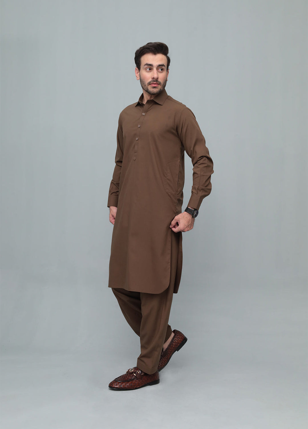 Mazham Mens Pret Solids 2 Piece Solids Coffee Brown French Collar Shalwar Kameez - Festive Collection