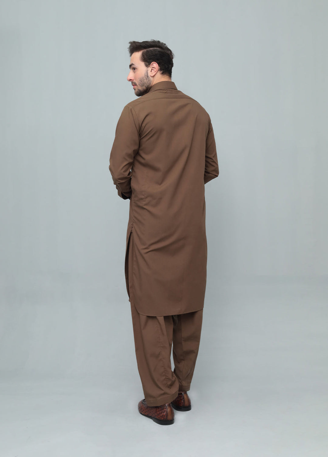 Mazham Mens Pret Solids 2 Piece Solids Coffee Brown French Collar Shalwar Kameez - Festive Collection