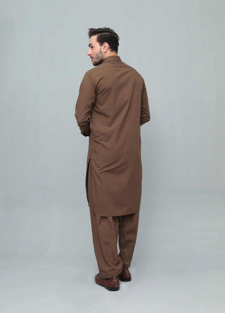 Mazham Mens Pret Solids 2 Piece Solids Coffee Brown French Collar Shalwar Kameez - Festive Collection