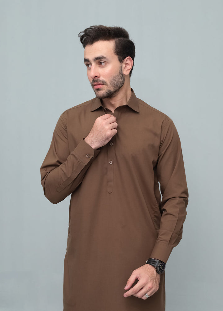 Mazham Mens Pret Solids 2 Piece Solids Coffee Brown French Collar Shalwar Kameez - Festive Collection