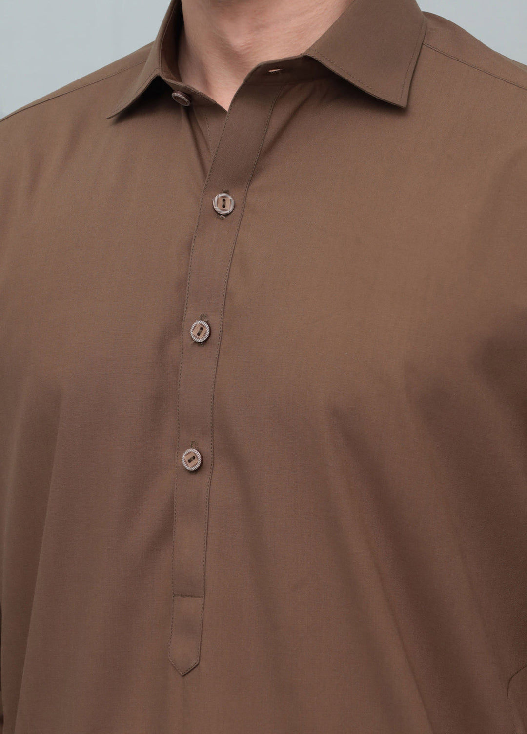 Mazham Mens Pret Solids 2 Piece Solids Coffee Brown French Collar Shalwar Kameez - Festive Collection