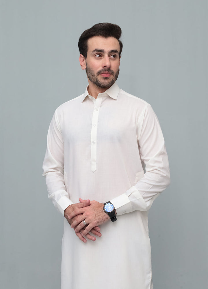 Mazham Mens Pret Solids 2 Piece Solids Off White French Collar Shalwar Kameez - Festive Collection