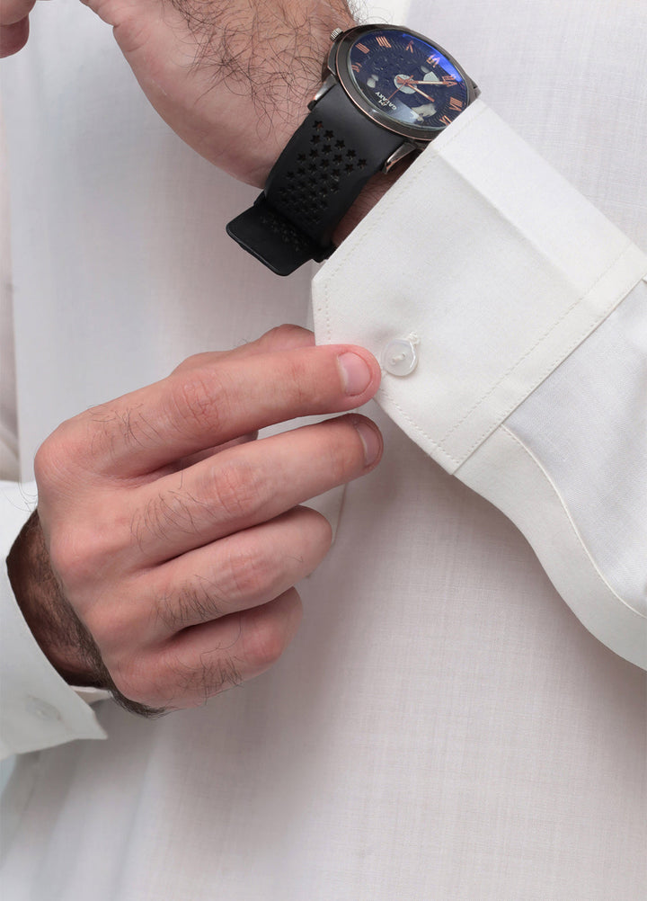 Mazham Mens Pret Solids 2 Piece Solids Off White French Collar Shalwar Kameez - Festive Collection