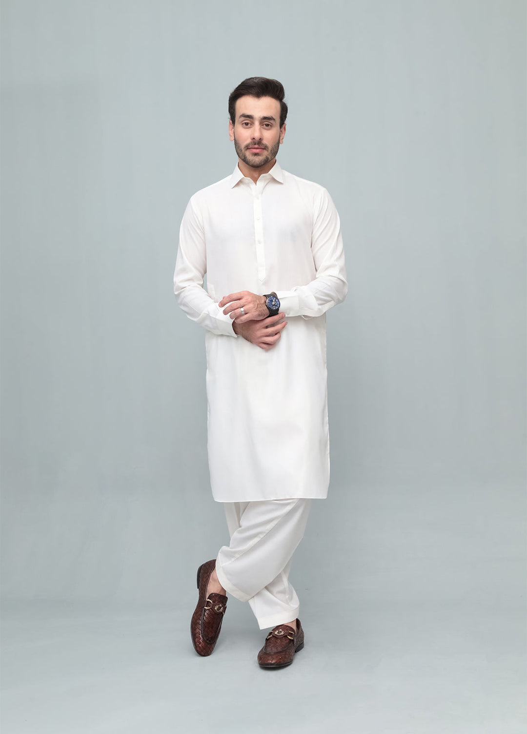 Mazham Mens Pret Solids 2 Piece Solids Off White French Collar Shalwar Kameez - Festive Collection