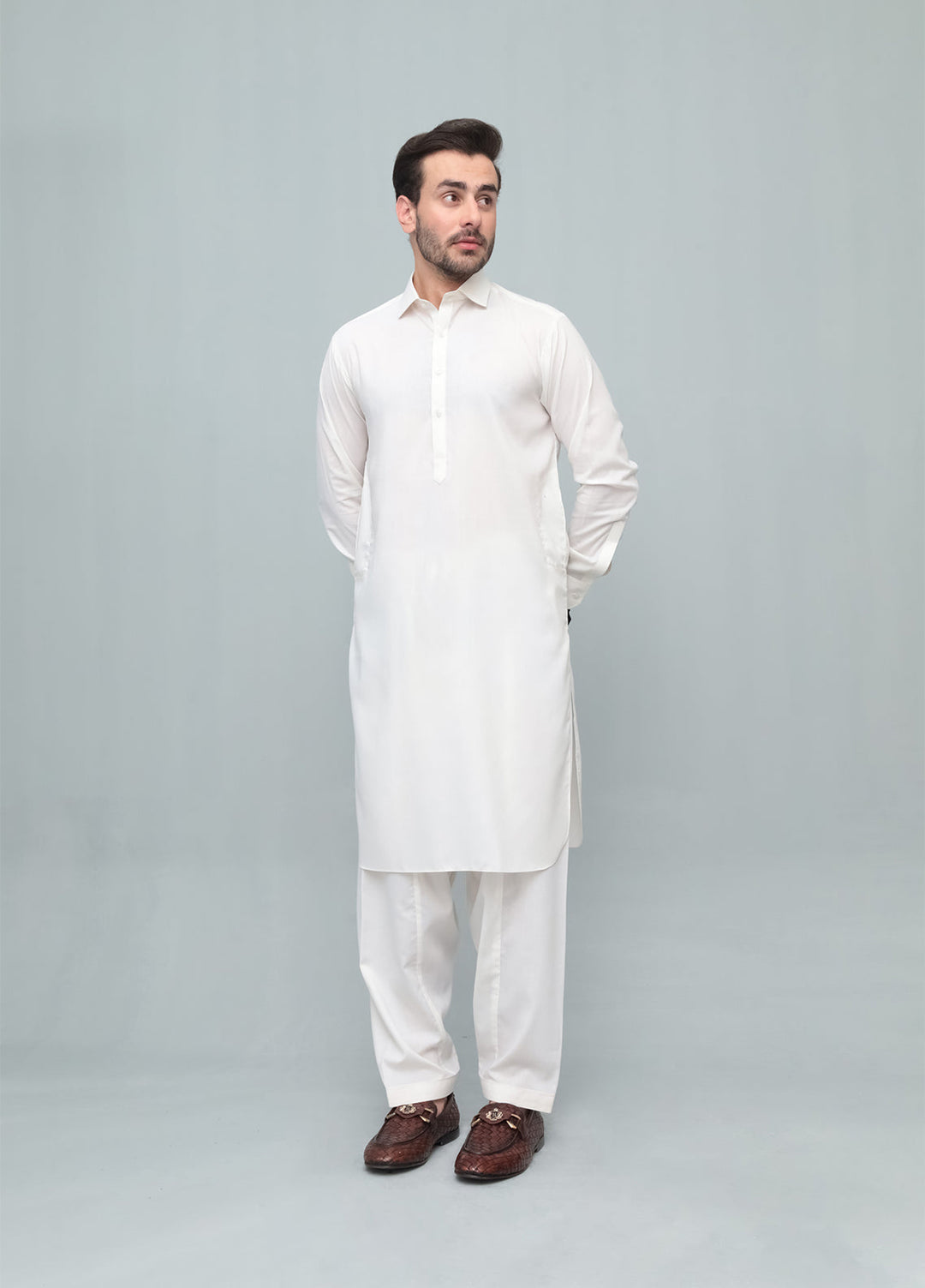 Mazham Mens Pret Solids 2 Piece Solids Off White French Collar Shalwar Kameez - Festive Collection