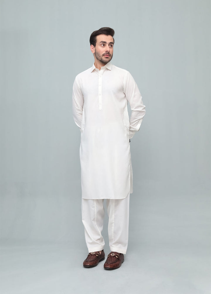 Mazham Mens Pret Solids 2 Piece Solids Off White French Collar Shalwar Kameez - Festive Collection