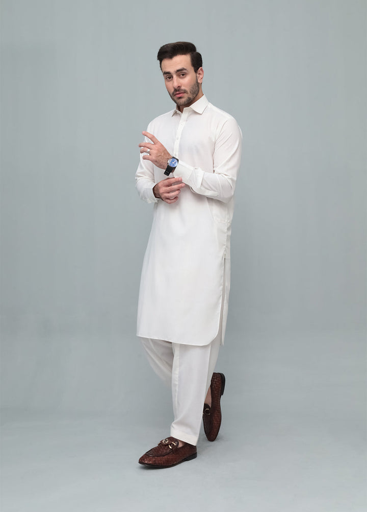 Mazham Mens Pret Solids 2 Piece Solids Off White French Collar Shalwar Kameez - Festive Collection