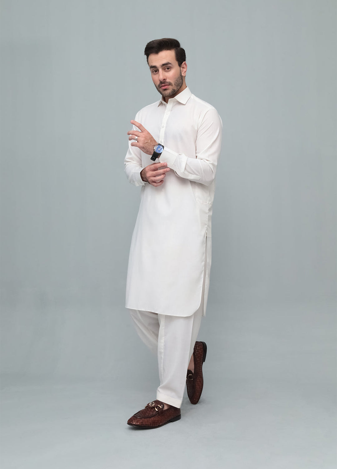 Mazham Mens Pret Solids 2 Piece Solids Off White French Collar Shalwar Kameez - Festive Collection