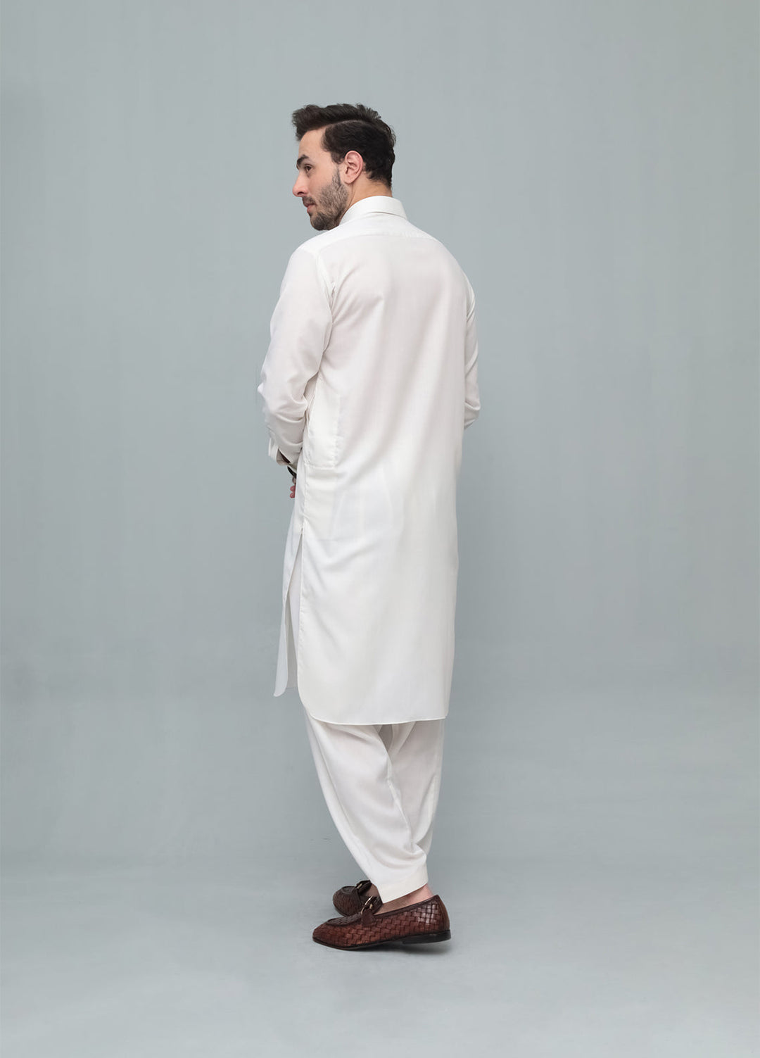 Mazham Mens Pret Solids 2 Piece Solids Off White French Collar Shalwar Kameez - Festive Collection