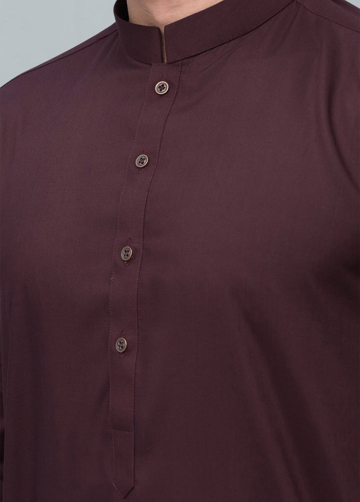 Mazham Mens Pret Blended 2 Piece Solids Dark Marron Kameez Shalwar - Festive Collection