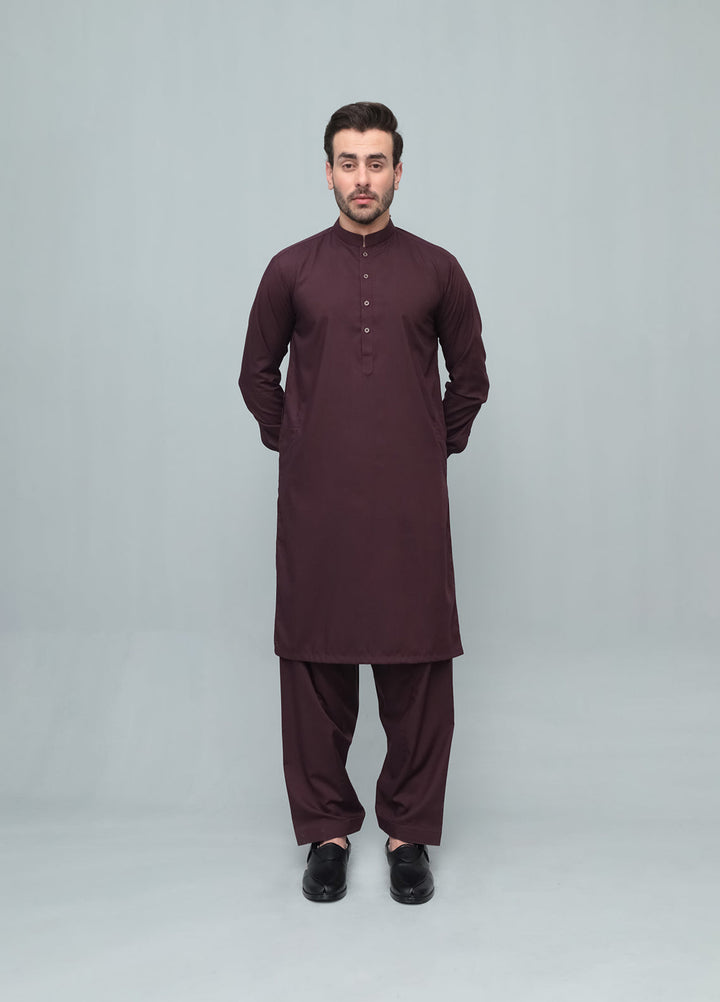 Mazham Mens Pret Blended 2 Piece Solids Dark Marron Kameez Shalwar - Festive Collection