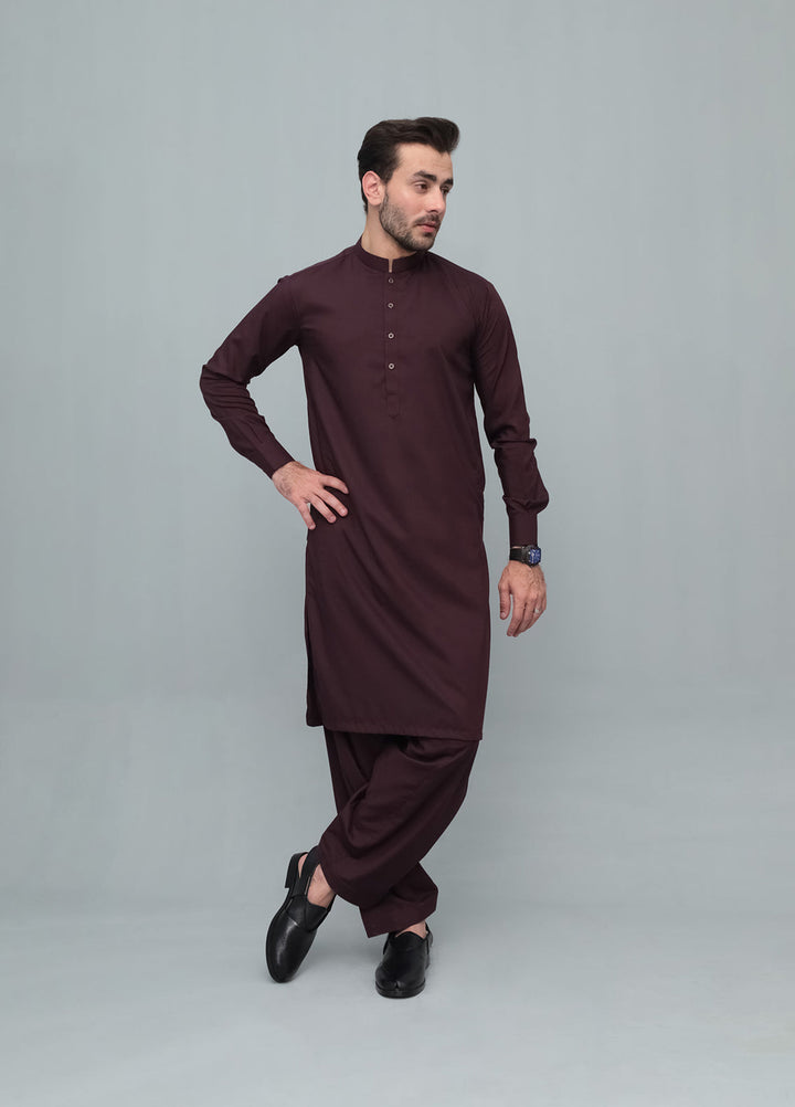 Mazham Mens Pret Blended 2 Piece Solids Dark Marron Kameez Shalwar - Festive Collection