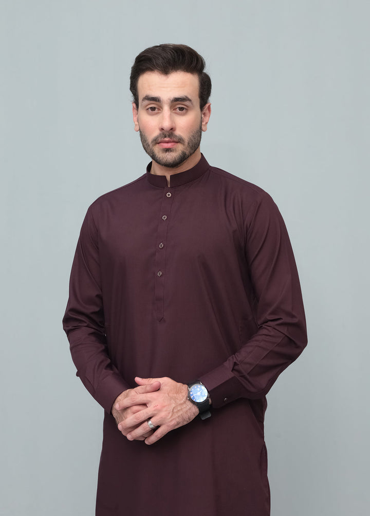 Mazham Mens Pret Blended 2 Piece Solids Dark Marron Kameez Shalwar - Festive Collection