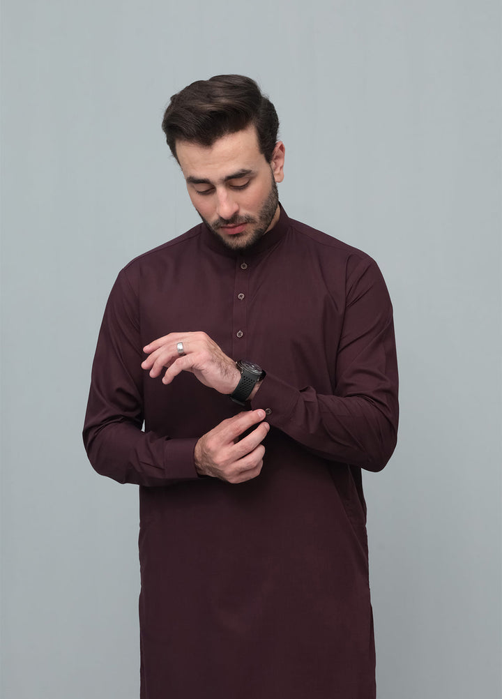 Mazham Mens Pret Blended 2 Piece Solids Dark Marron Kameez Shalwar - Festive Collection